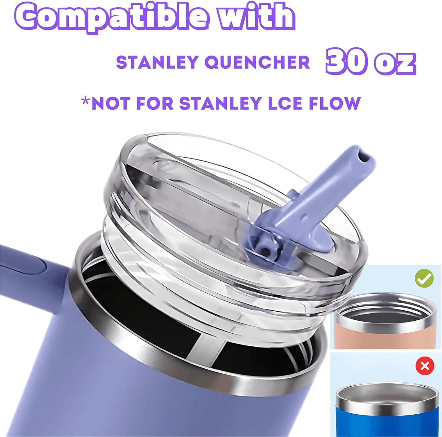 𝐃𝐞𝐭𝐚𝐜𝐡𝐚𝐛𝐥𝐞 Leak Proof Flip Straw Lid Replacement for 30oz Stanley Quencher H2.0, No Spill Accessories with Extended Straw & Detachable Lid (Bright Lilac Pink, 30oz)