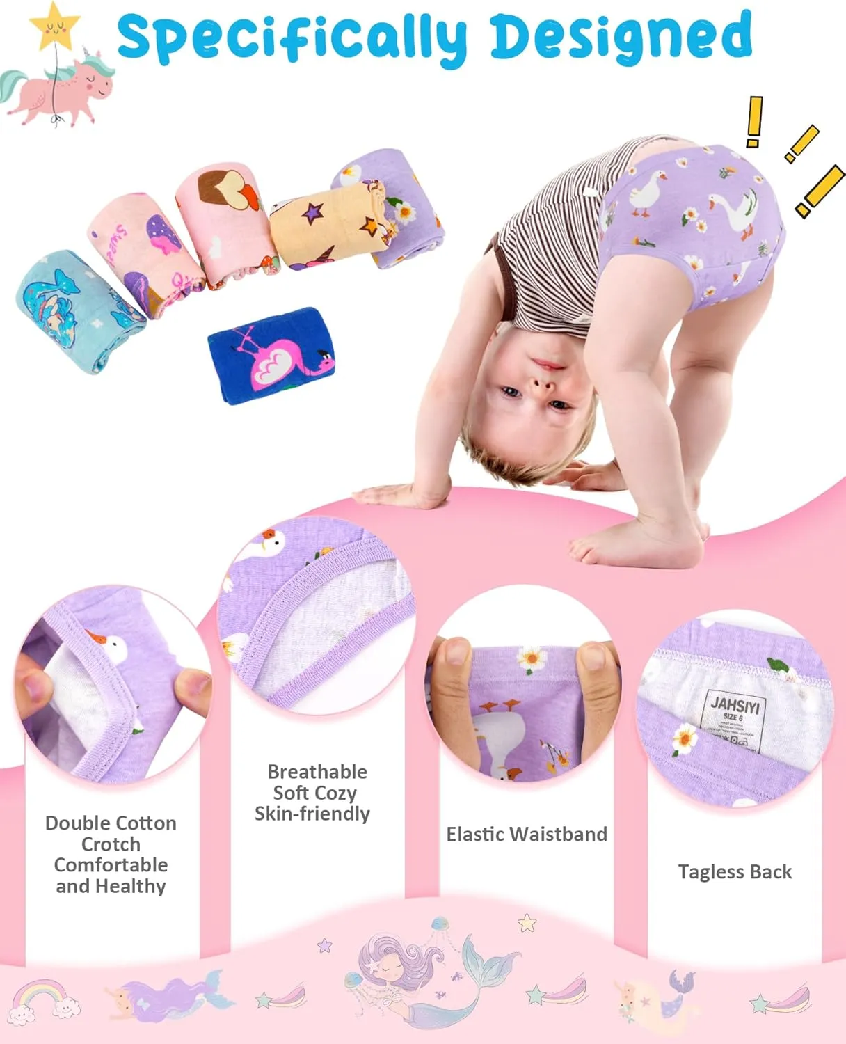 100% Cotton Girls Underwear Tagless Comfort Toddler Panties (6-Pack)