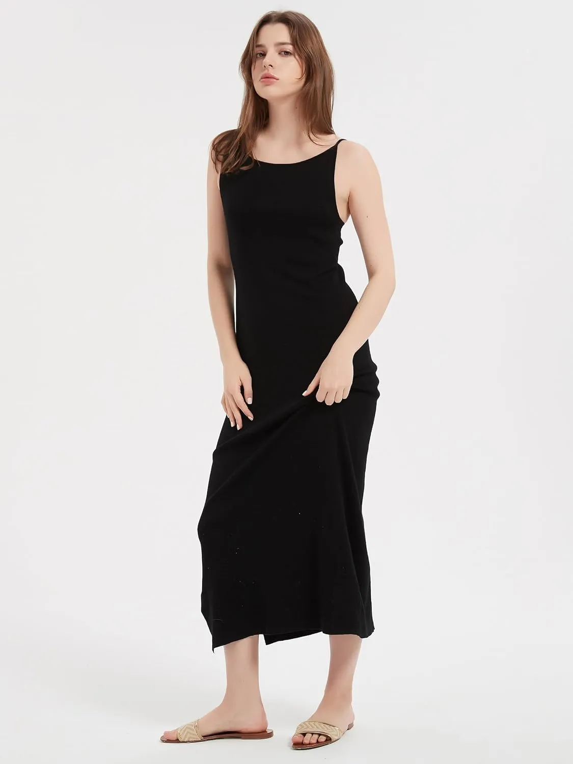 100% Merino Wool Women’s Casual Sleeveless Boat Neck Spaghetti Strap Bodycon Maxi Dress Black Long Dresses