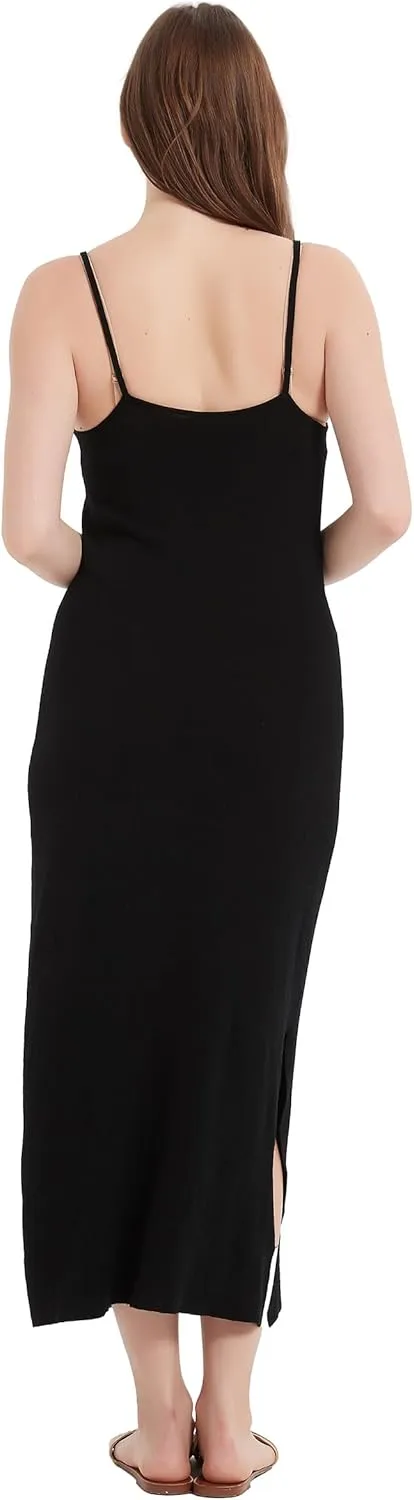 100% Merino Wool Women’s Casual Sleeveless Boat Neck Spaghetti Strap Bodycon Maxi Dress Black Long Dresses