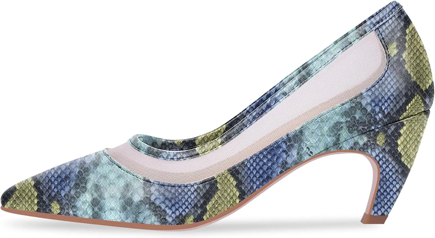 100FIXEO Women's Pointed Toe Mid Heel Pumps Snakeskin Print Mesh Slip On Dress Shoes