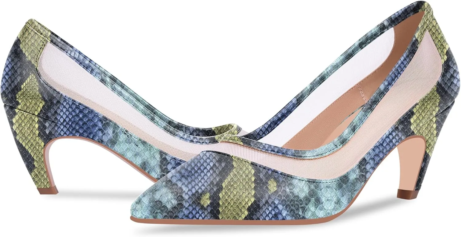 100FIXEO Women's Pointed Toe Mid Heel Pumps Snakeskin Print Mesh Slip On Dress Shoes