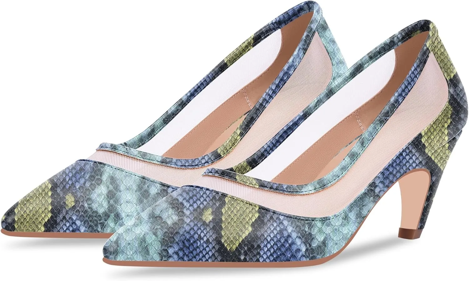 100FIXEO Women's Pointed Toe Mid Heel Pumps Snakeskin Print Mesh Slip On Dress Shoes