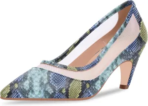 100FIXEO Women's Pointed Toe Mid Heel Pumps Snakeskin Print Mesh Slip On Dress Shoes