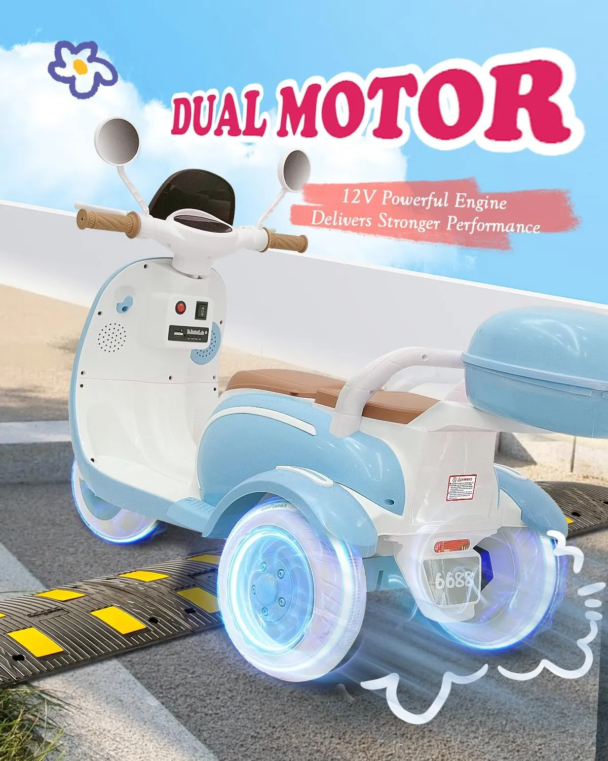 12V 2 Seater Ride on Motorcycle for Kids, Electric Moped Scooter with Storage Box, Music, LED Light, Horn, 2x50W Motors, 60 mins Ride Time, Toddler Ride on Toys for Girls Boys (Blue)