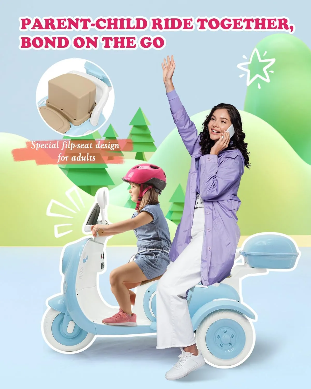12V 2 Seater Ride on Motorcycle for Kids, Electric Moped Scooter with Storage Box, Music, LED Light, Horn, 2x50W Motors, 60 mins Ride Time, Toddler Ride on Toys for Girls Boys (Blue)
