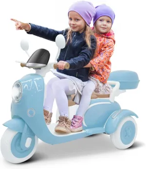 12V 2 Seater Ride on Motorcycle for Kids, Electric Moped Scooter with Storage Box, Music, LED Light, Horn, 2x50W Motors, 60 mins Ride Time, Toddler Ride on Toys for Girls Boys (Blue)
