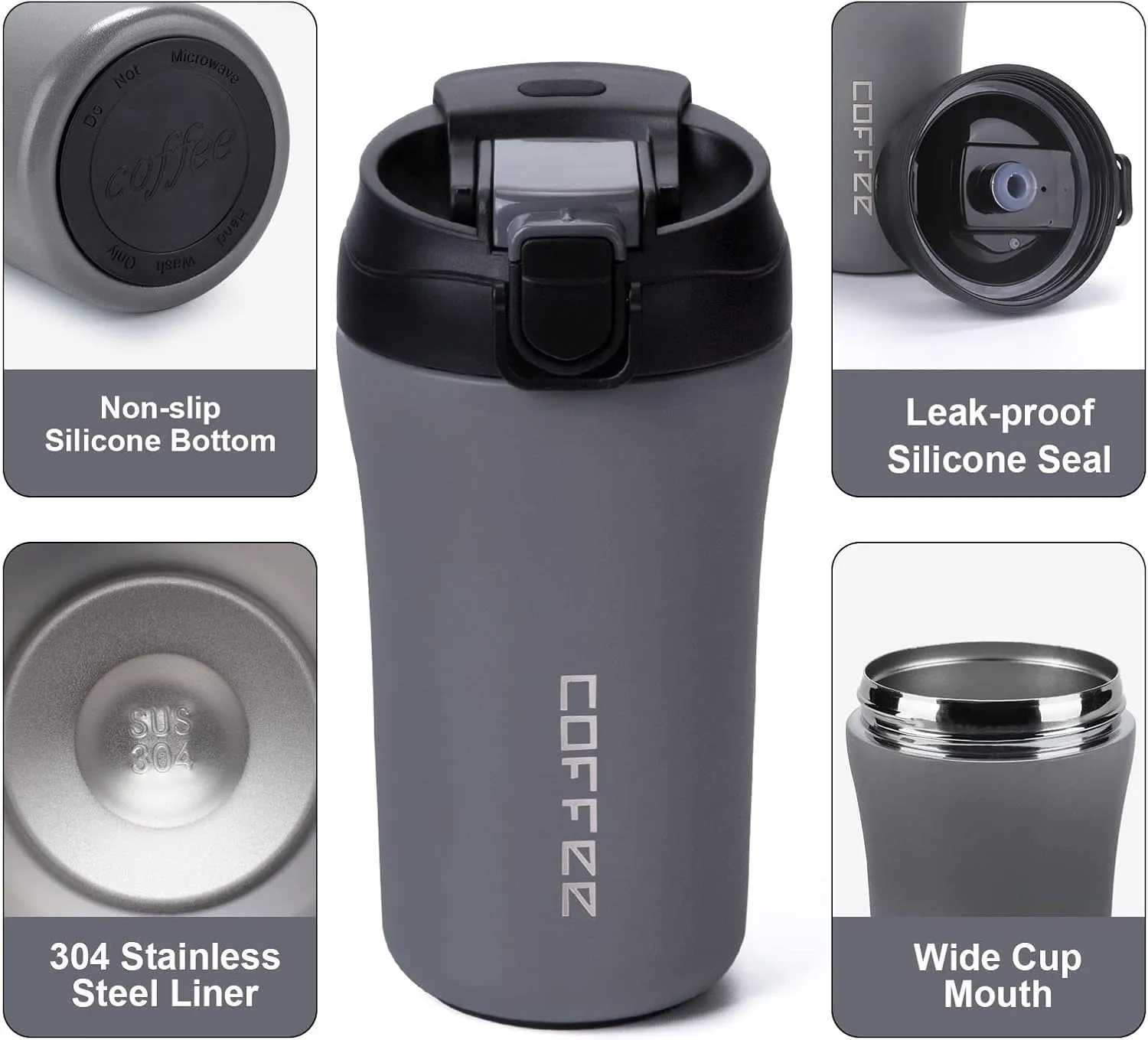 14 oz Travel Coffee Mug, 2 Pack Vacuum Insulated Coffee Travel Mug Spill Proof with Lid and Straw, Stainless Steel Reusable Coffee Tumbler for Hot and Cold Drinks, Gift for Men and Women(Grey White)