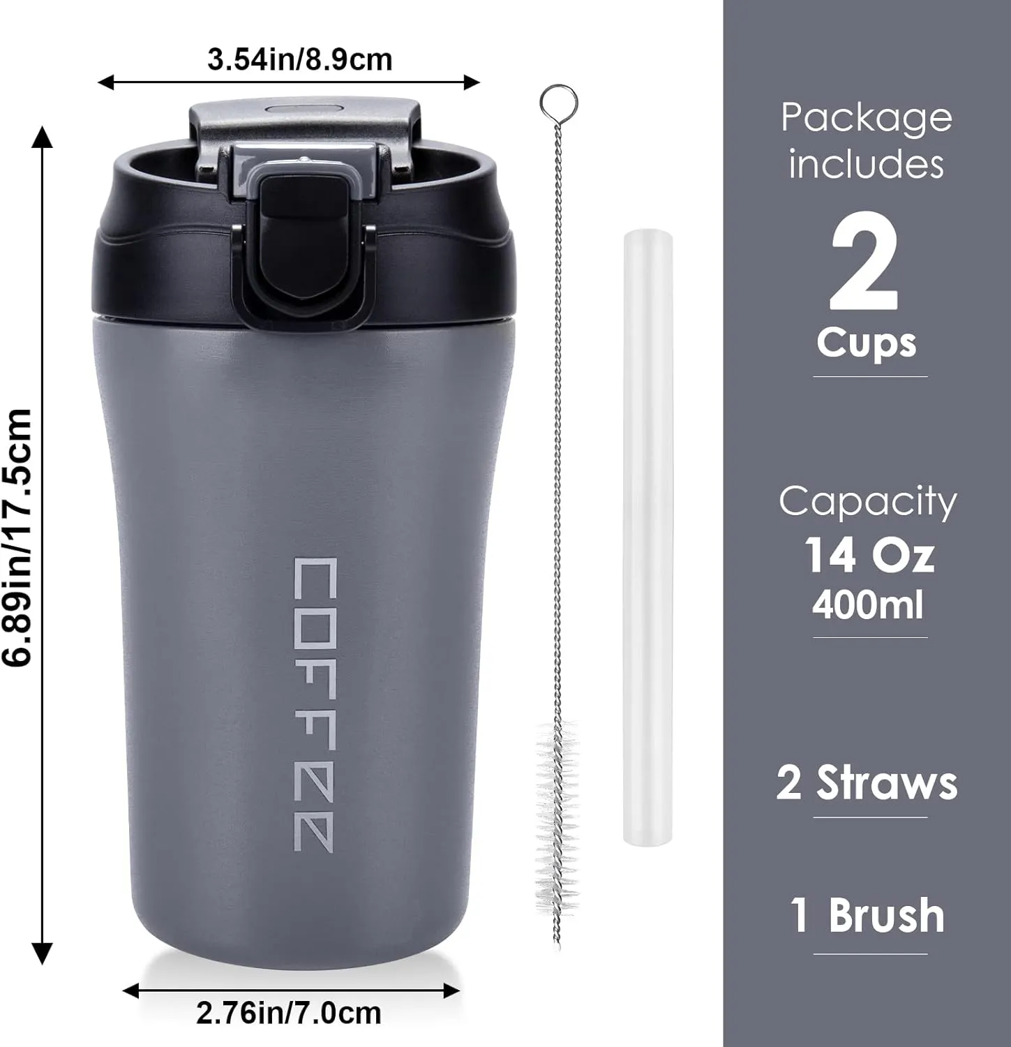 14 oz Travel Coffee Mug, 2 Pack Vacuum Insulated Coffee Travel Mug Spill Proof with Lid and Straw, Stainless Steel Reusable Coffee Tumbler for Hot and Cold Drinks, Gift for Men and Women(Grey White)