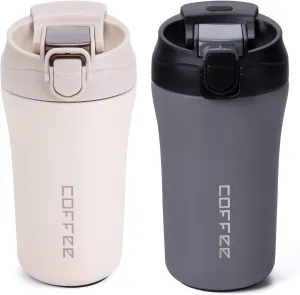 14 oz Travel Coffee Mug, 2 Pack Vacuum Insulated Coffee Travel Mug Spill Proof with Lid and Straw, Stainless Steel Reusable Coffee Tumbler for Hot and Cold Drinks, Gift for Men and Women(Grey White)