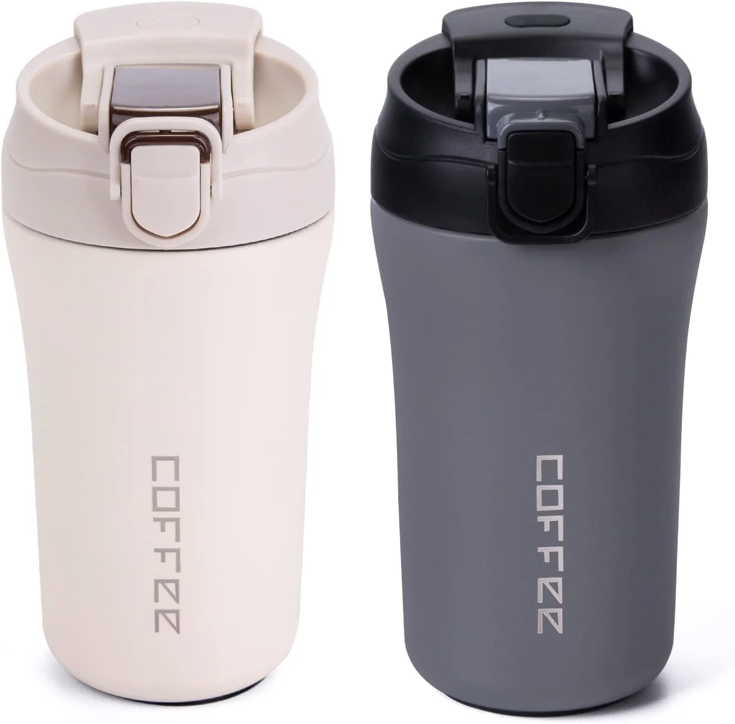 14 oz Travel Coffee Mug, 2 Pack Vacuum Insulated Coffee Travel Mug Spill Proof with Lid and Straw, Stainless Steel Reusable Coffee Tumbler for Hot and Cold Drinks, Gift for Men and Women(Grey White)