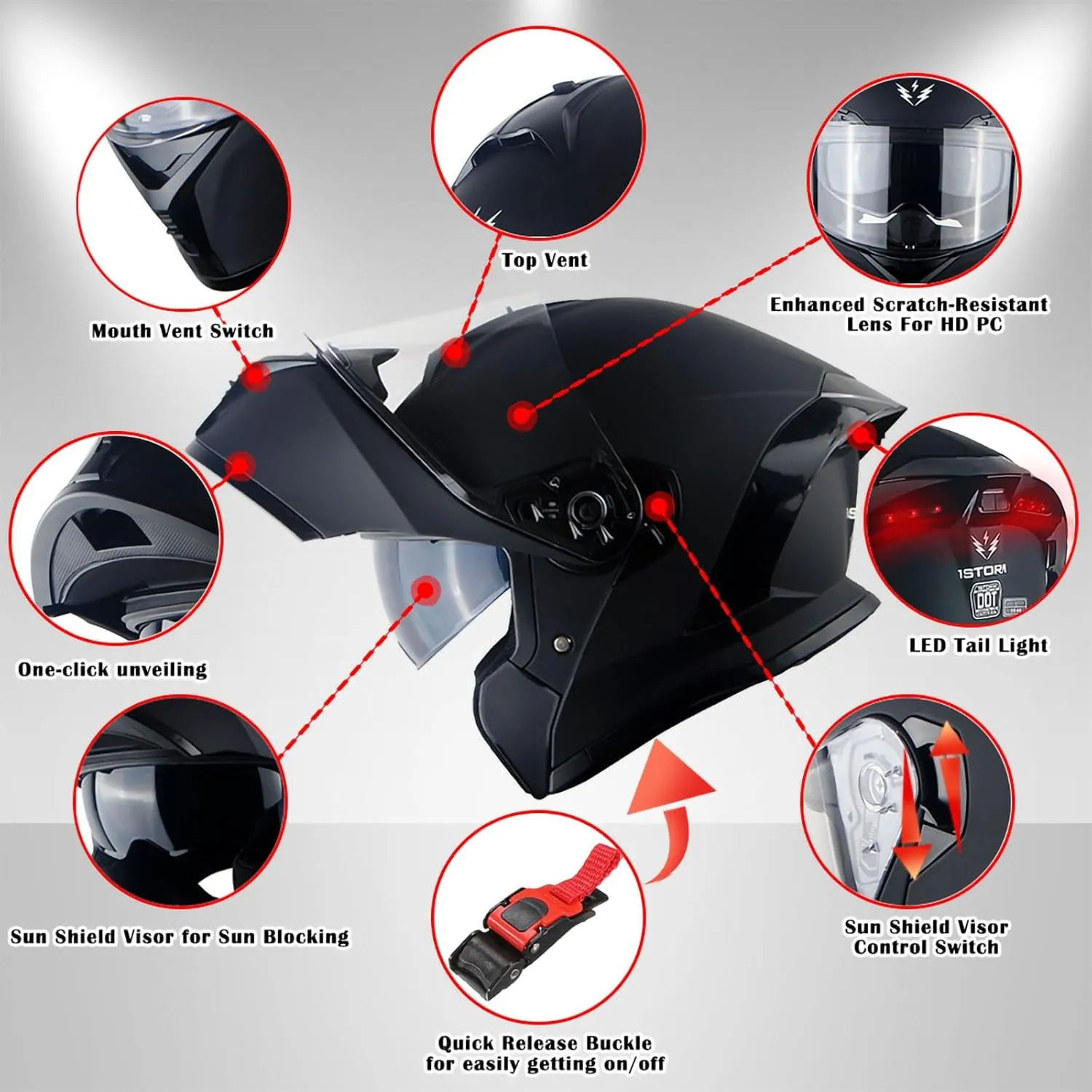1Storm New Motorcycle Bike Modular Full Face Helmet Dual Visor Sun Shield with Rechargeable LED Tail Light: LED-X90 Matt Black