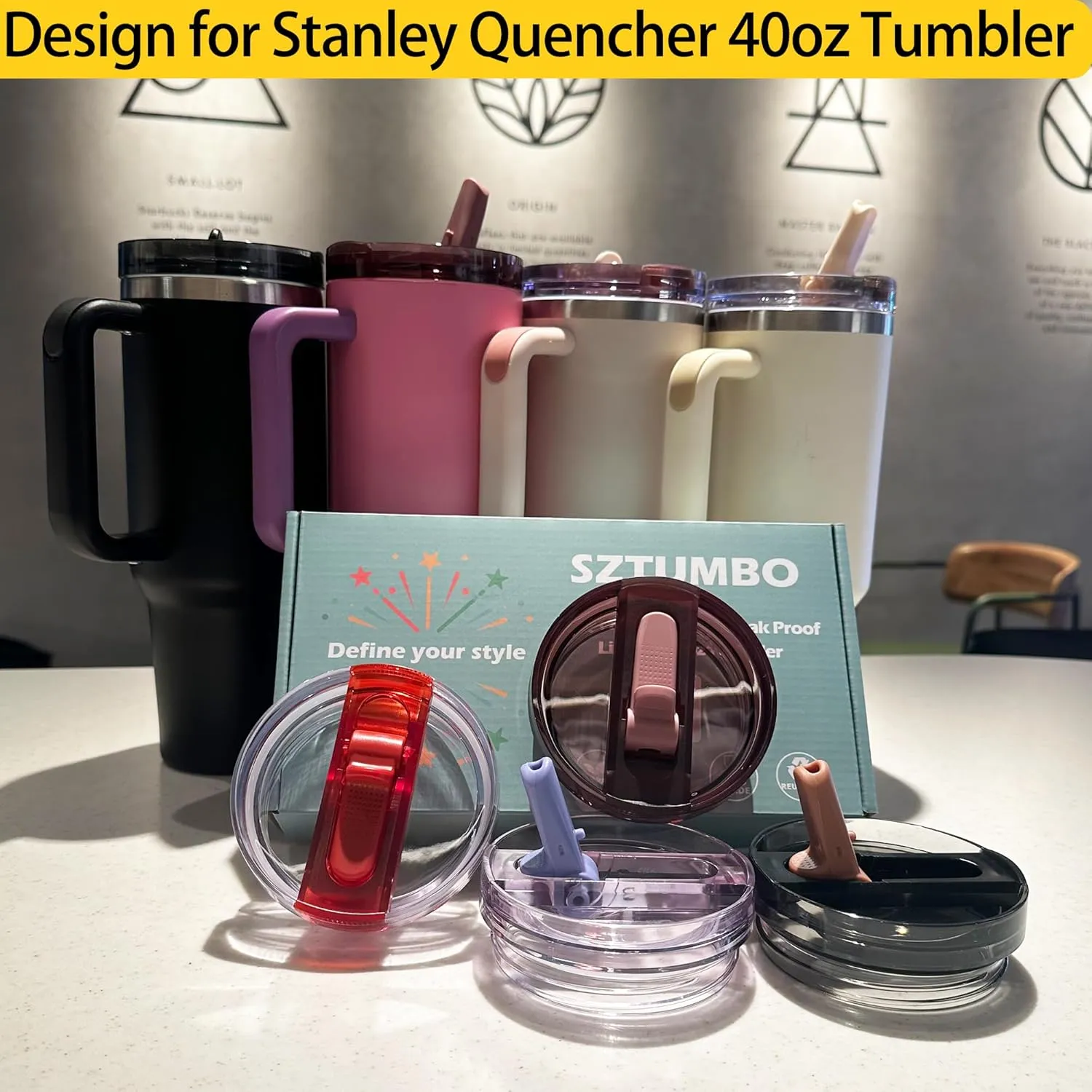 2 Pcs Detachable Flip Straw Lid for Stanley 40oz Quencher ProTour,100% Leak-proof Lid for Stanely 40oz Cup Accessories,Spill Proof and Splash Resistant Tumbler Cover(Black-Pink)