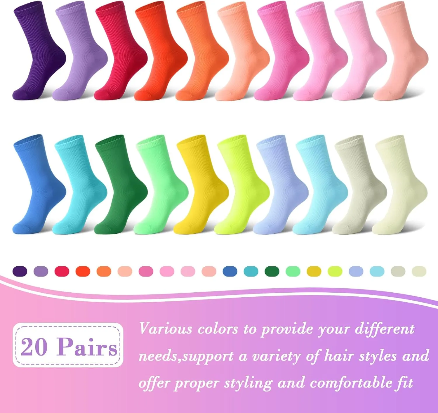 20 Pairs Women's Solid Color Crew Socks Lightweight Dress Sock for Women Girls