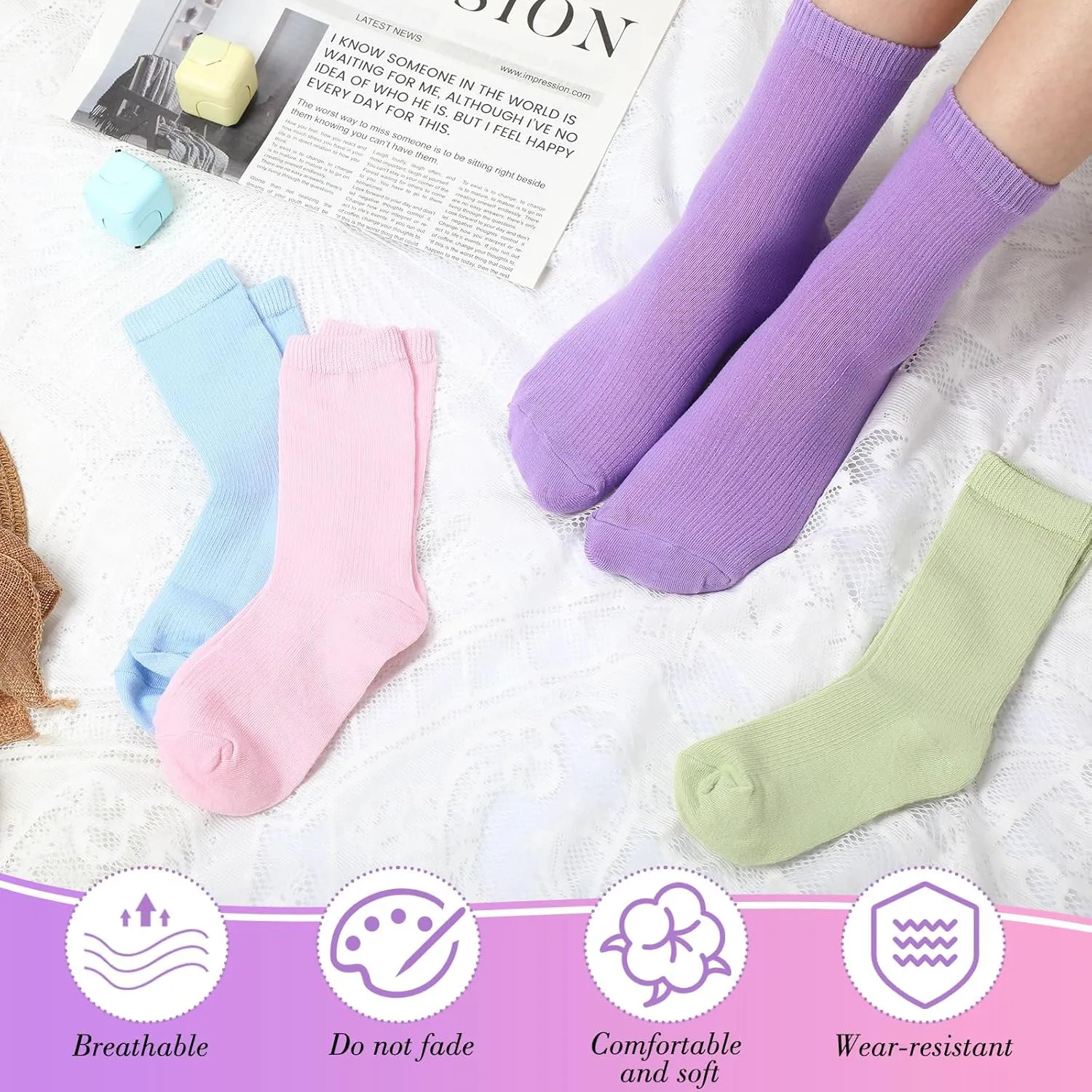 20 Pairs Women's Solid Color Crew Socks Lightweight Dress Sock for Women Girls