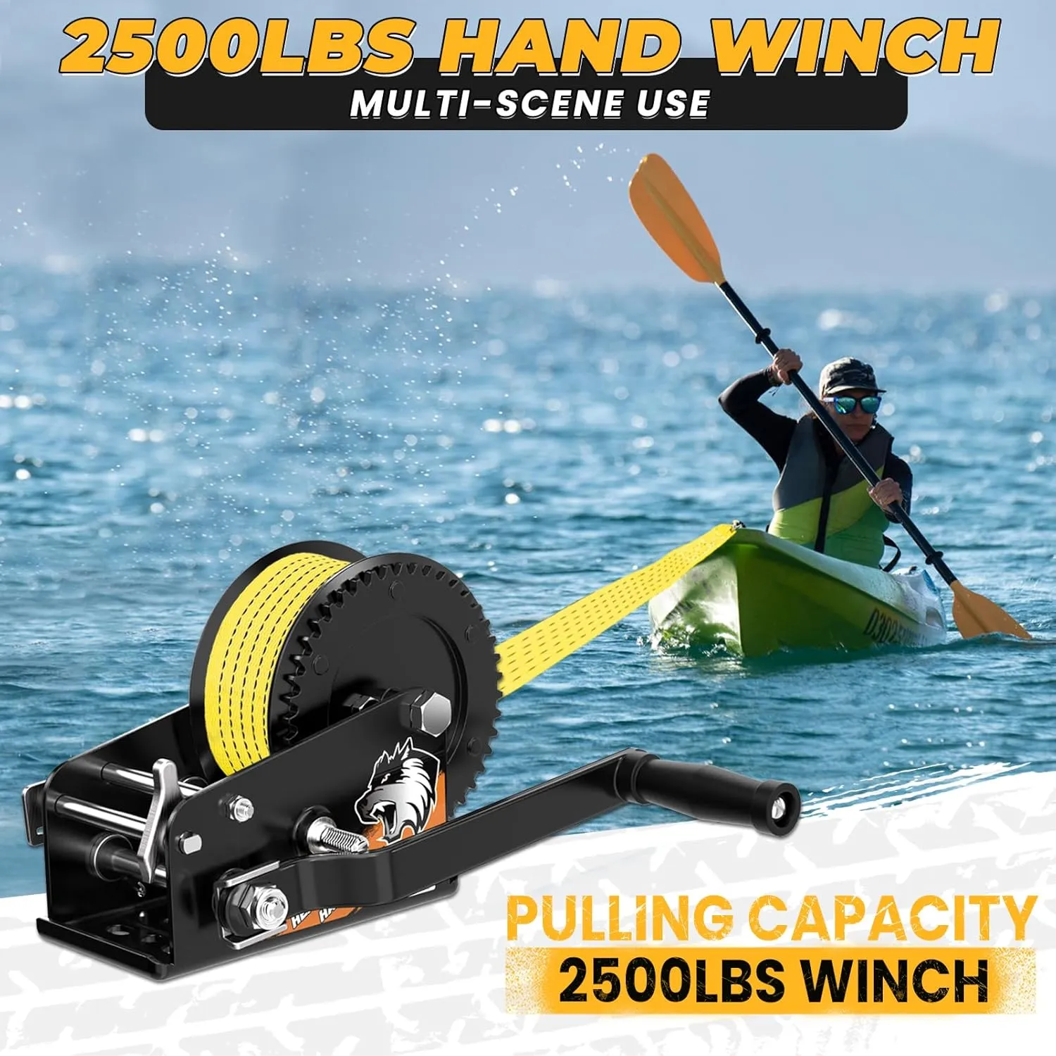 2500lbs Heavy Duty Boat Trailer Winch with 23FT Strap, 2-Way Ratchet 4:1/8:1 Gear, Portable Hand Crank Winch for Boat, Truck, Trailer, RV, ATV, Jet Ski