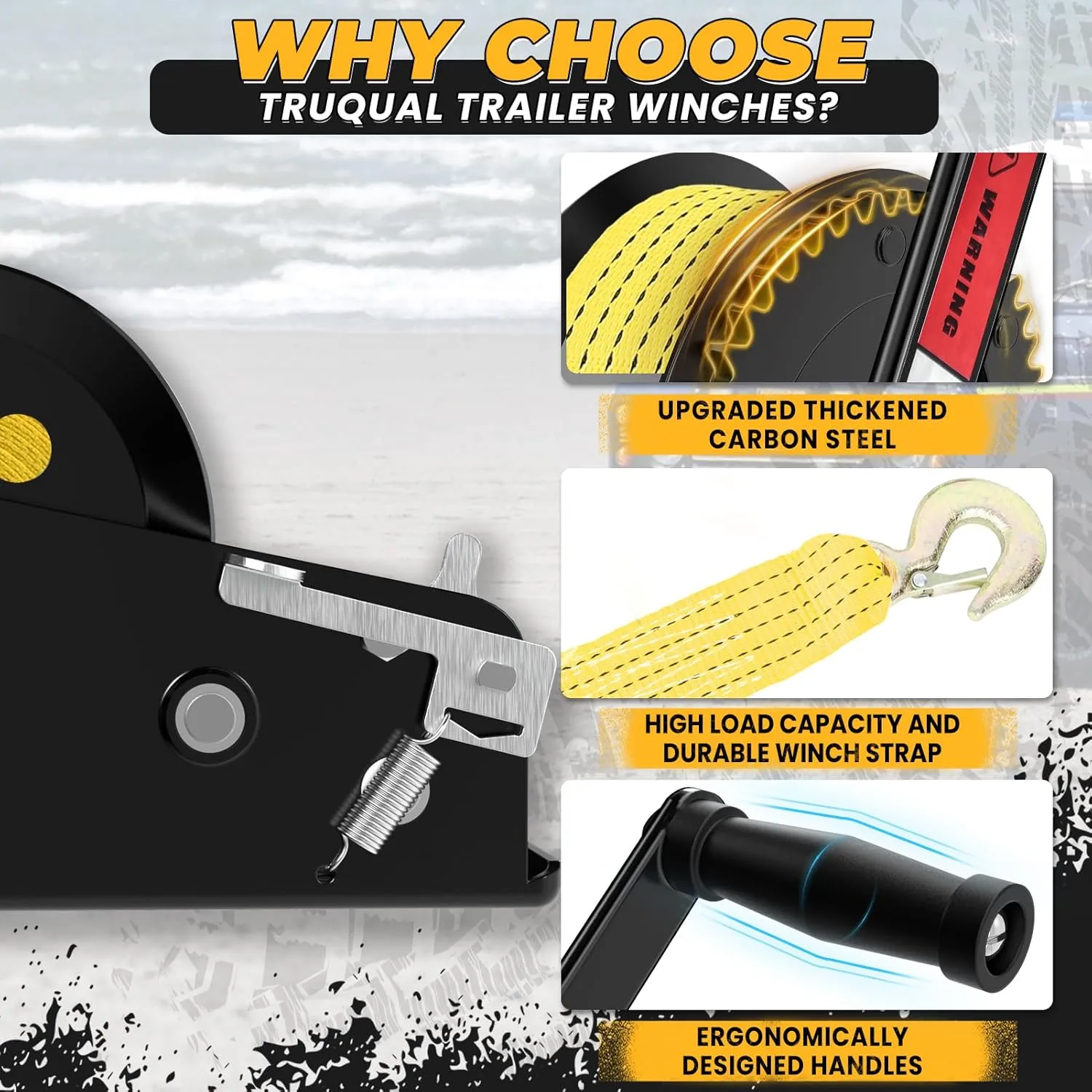 2500lbs Heavy Duty Boat Trailer Winch with 23FT Strap, 2-Way Ratchet 4:1/8:1 Gear, Portable Hand Crank Winch for Boat, Truck, Trailer, RV, ATV, Jet Ski