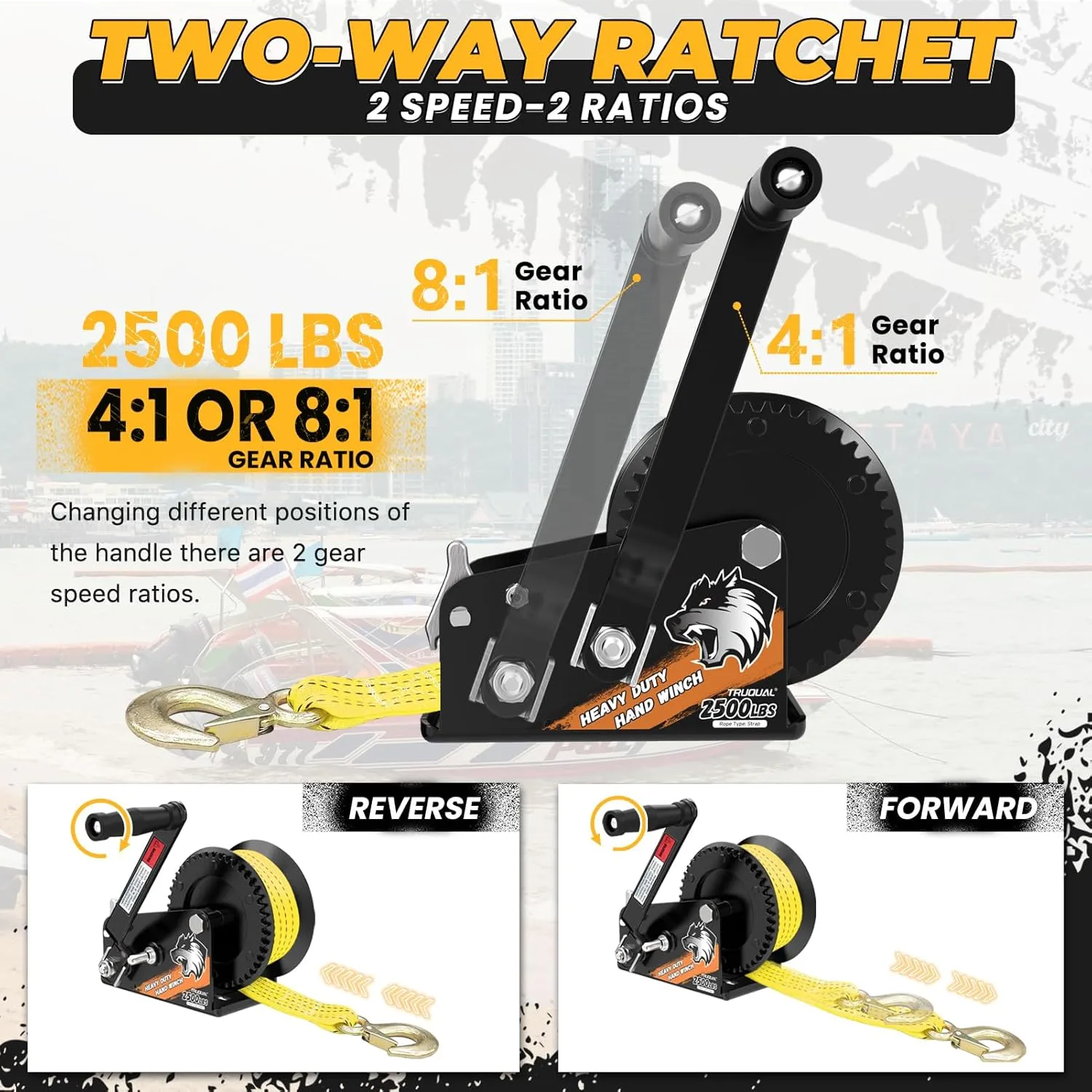 2500lbs Heavy Duty Boat Trailer Winch with 23FT Strap, 2-Way Ratchet 4:1/8:1 Gear, Portable Hand Crank Winch for Boat, Truck, Trailer, RV, ATV, Jet Ski