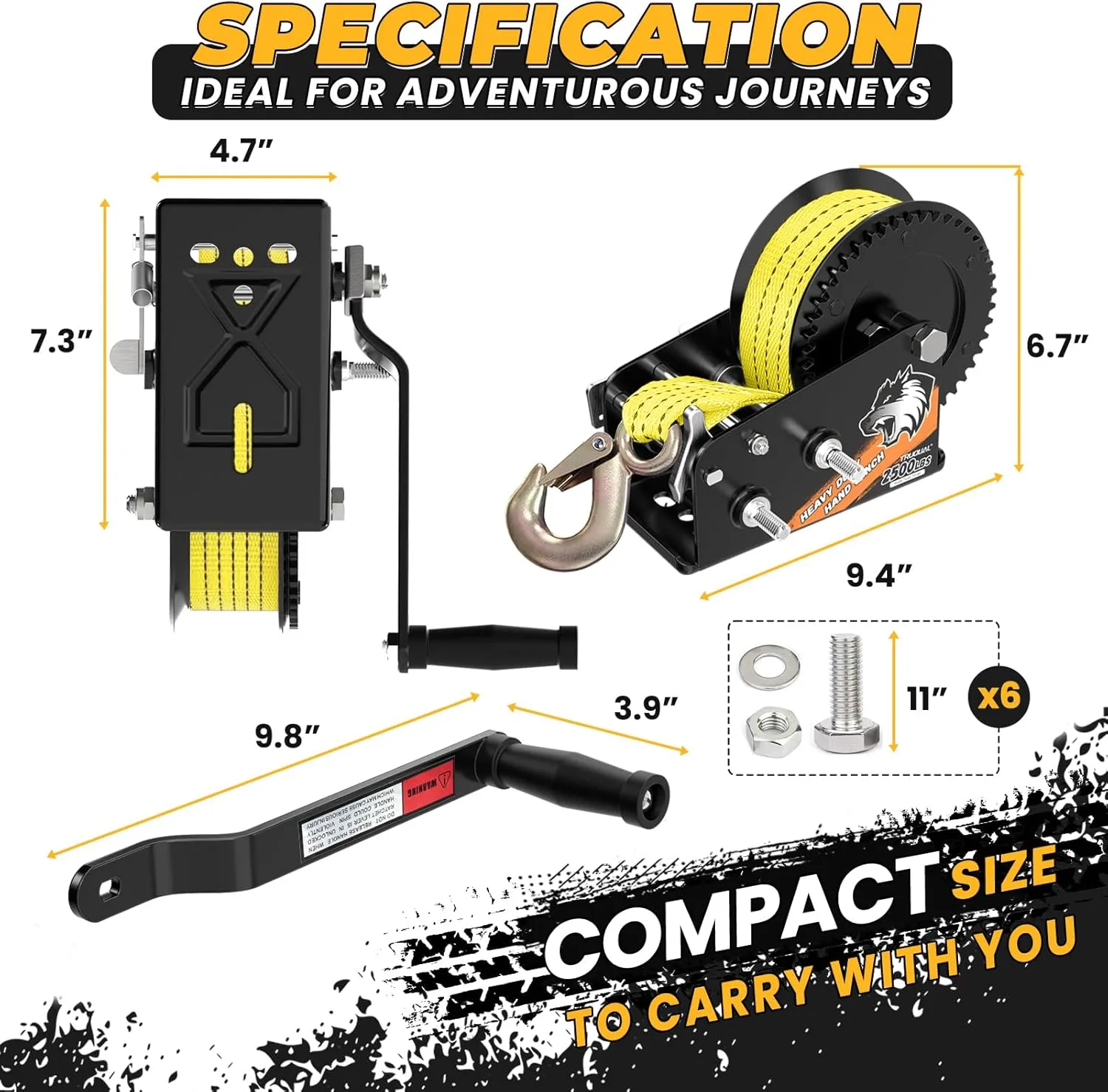 2500lbs Heavy Duty Boat Trailer Winch with 23FT Strap, 2-Way Ratchet 4:1/8:1 Gear, Portable Hand Crank Winch for Boat, Truck, Trailer, RV, ATV, Jet Ski