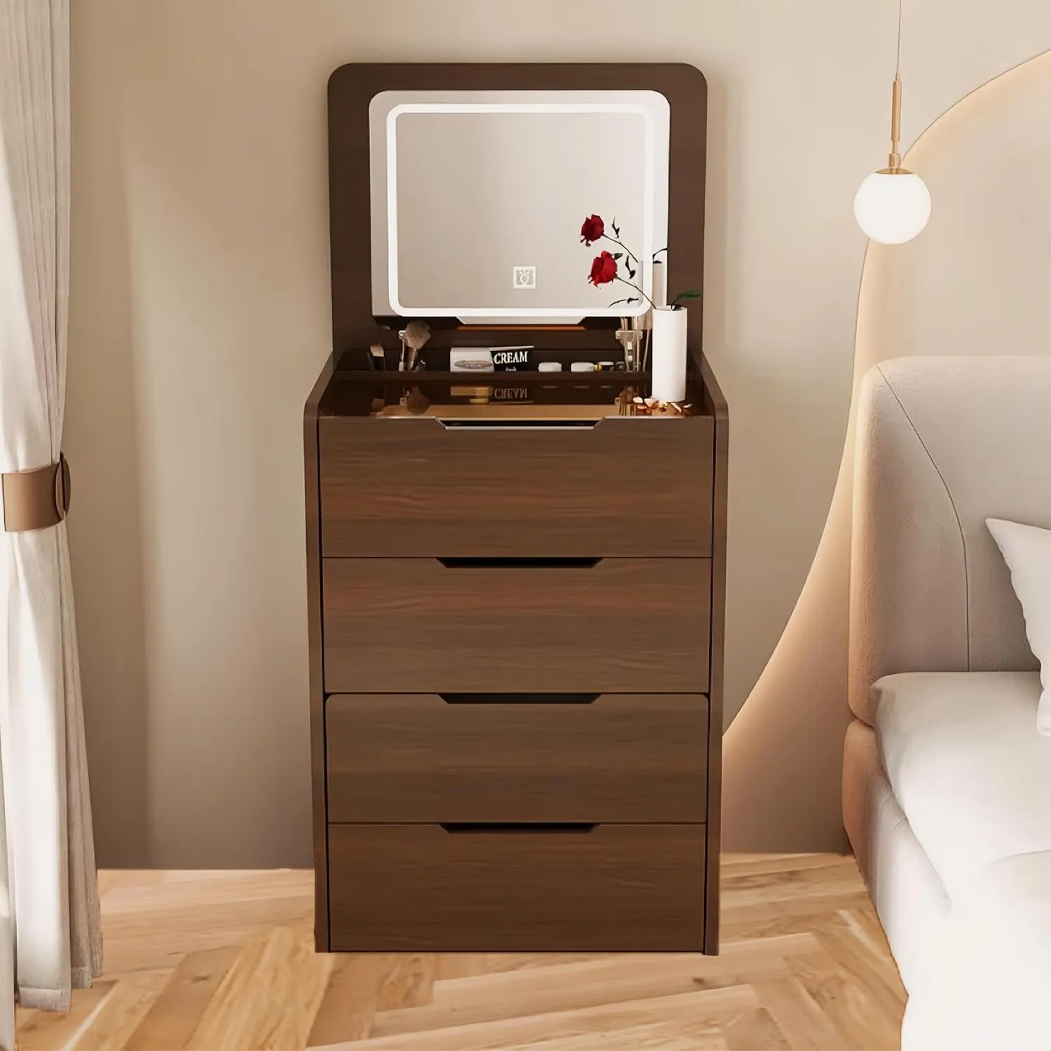 3 in 1 Vanity Desk with flip Top Mirror, Small Make Up Vanity Set with Visible Glass Desktop, Compact Makeup Vanity with 3 Drawers, Cushioned Tool, Dressing Table for Bedroom (60cm,Walnut)