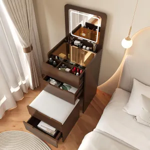 3 in 1 Vanity Desk with flip Top Mirror, Small Make Up Vanity Set with Visible Glass Desktop, Compact Makeup Vanity with 3 Drawers, Cushioned Tool, Dressing Table for Bedroom (60cm,Walnut)