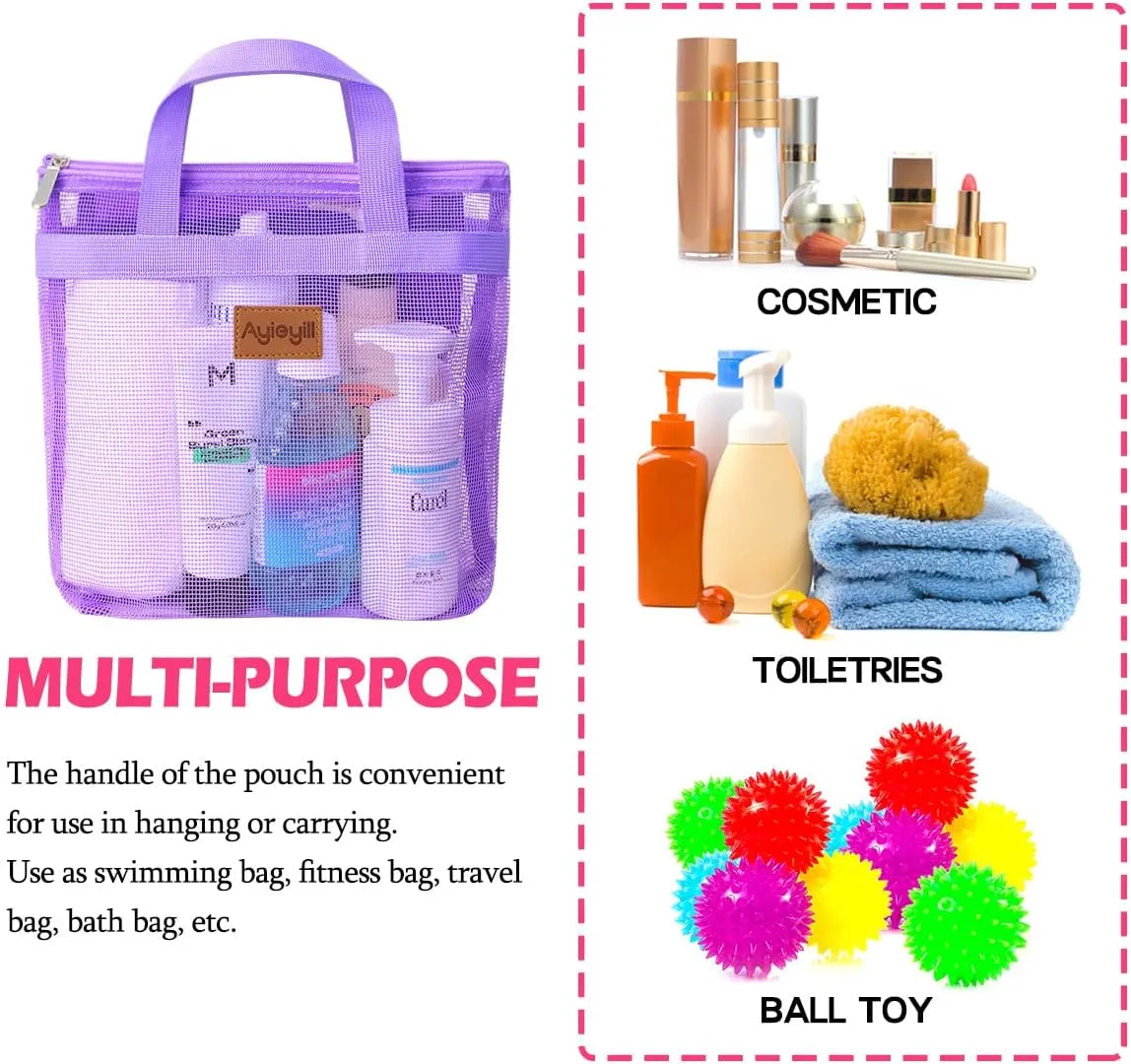 3 Pcs Portable Mesh Shower Caddy Tote, Quick Dry Tote Bag Mesh Beach Bags for Women, Hanging Toiletry and Bath Organizer for Travel Swimming Sports Gym Camp Shopping College Dorms (Pink Purple Rose)