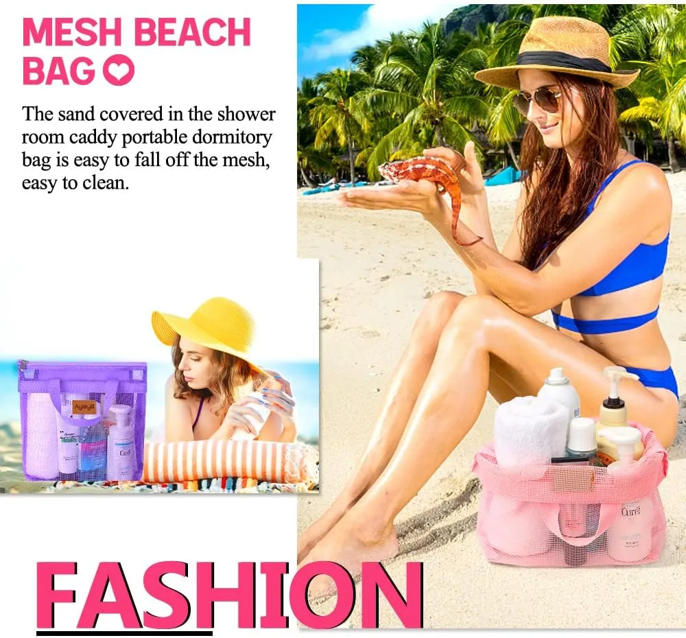 3 Pcs Portable Mesh Shower Caddy Tote, Quick Dry Tote Bag Mesh Beach Bags for Women, Hanging Toiletry and Bath Organizer for Travel Swimming Sports Gym Camp Shopping College Dorms (Pink Purple Rose)