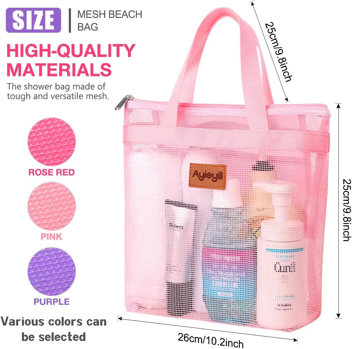 3 Pcs Portable Mesh Shower Caddy Tote, Quick Dry Tote Bag Mesh Beach Bags for Women, Hanging Toiletry and Bath Organizer for Travel Swimming Sports Gym Camp Shopping College Dorms (Pink Purple Rose)