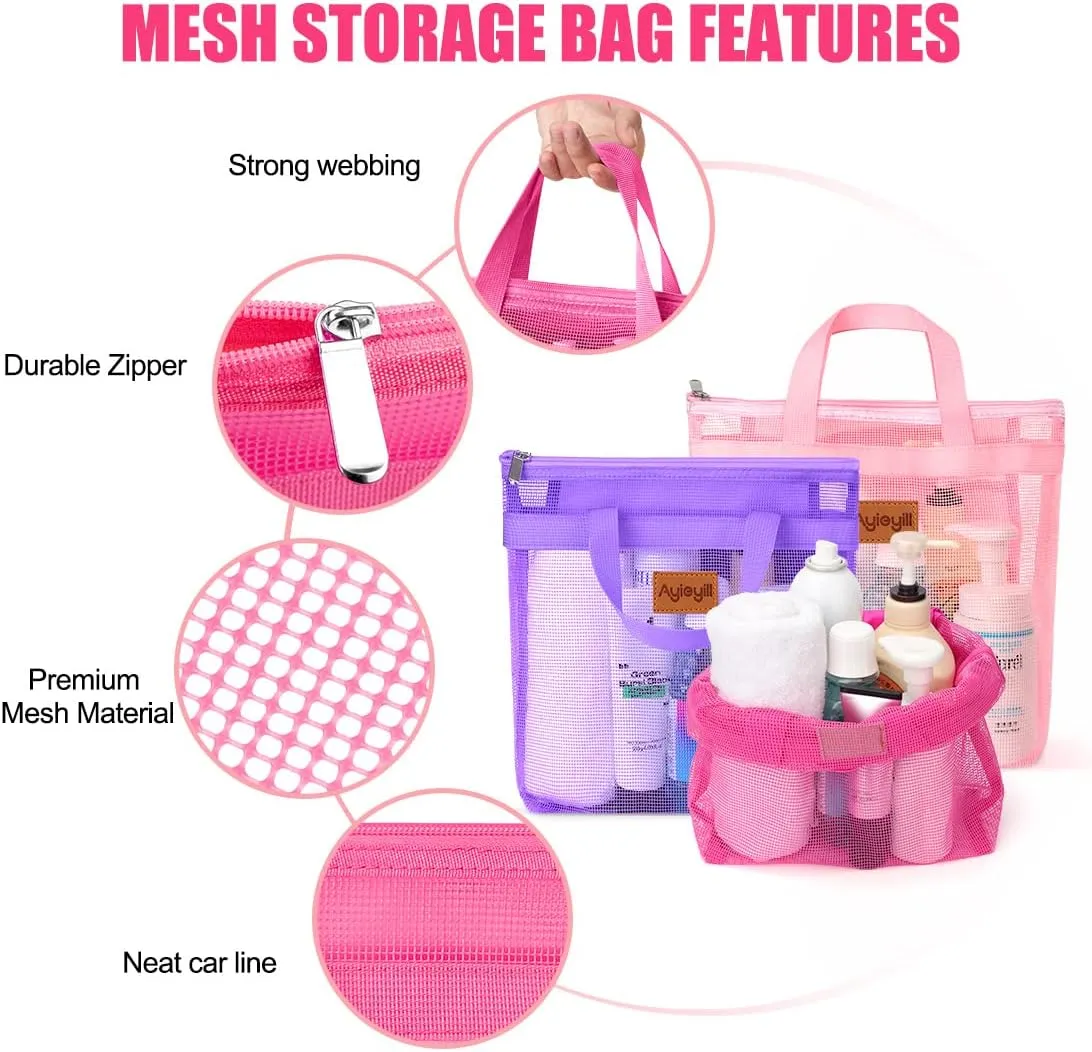 3 Pcs Portable Mesh Shower Caddy Tote, Quick Dry Tote Bag Mesh Beach Bags for Women, Hanging Toiletry and Bath Organizer for Travel Swimming Sports Gym Camp Shopping College Dorms (Pink Purple Rose)