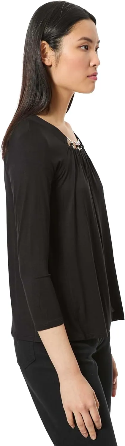 3/4 Sleeve Boat Neck Metal Ring Detail Top Jet Black