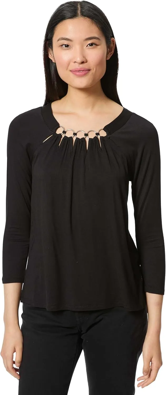 3/4 Sleeve Boat Neck Metal Ring Detail Top Jet Black