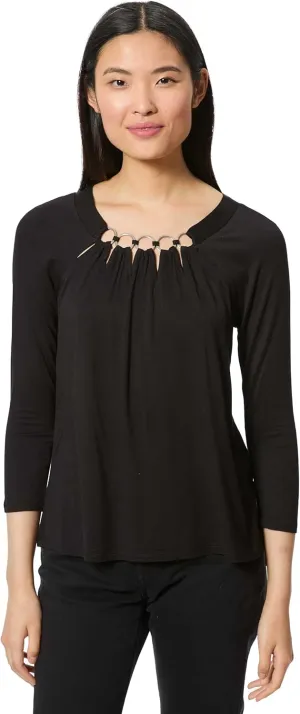 3/4 Sleeve Boat Neck Metal Ring Detail Top Jet Black