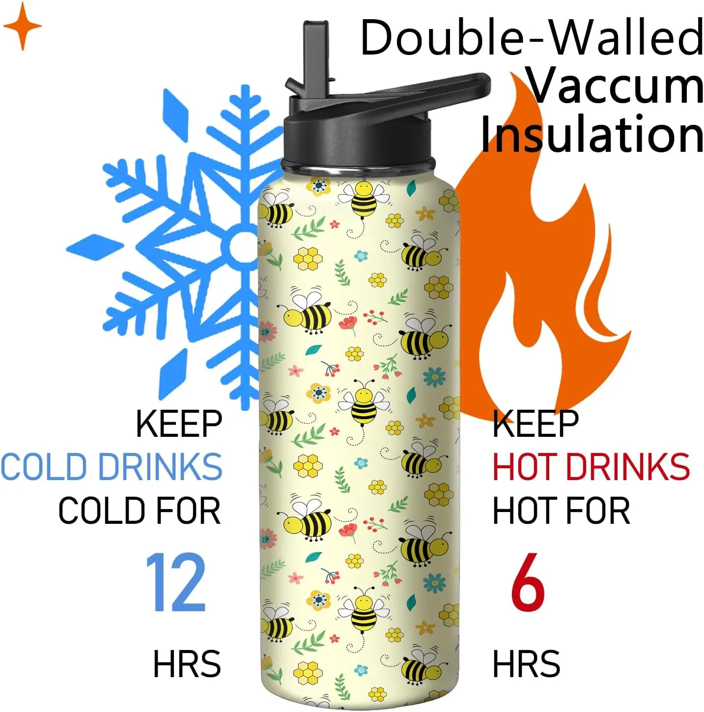 40oz Bee Water Bottle with Handle and Flip Straw, Animal Sports Stainless Steel Insulated Cup Travel Coffee Mug Tumbler, Birthday Mothers Day Chritmas Gifts for Women