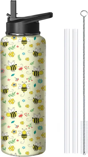 40oz Bee Water Bottle with Handle and Flip Straw, Animal Sports Stainless Steel Insulated Cup Travel Coffee Mug Tumbler, Birthday Mothers Day Chritmas Gifts for Women