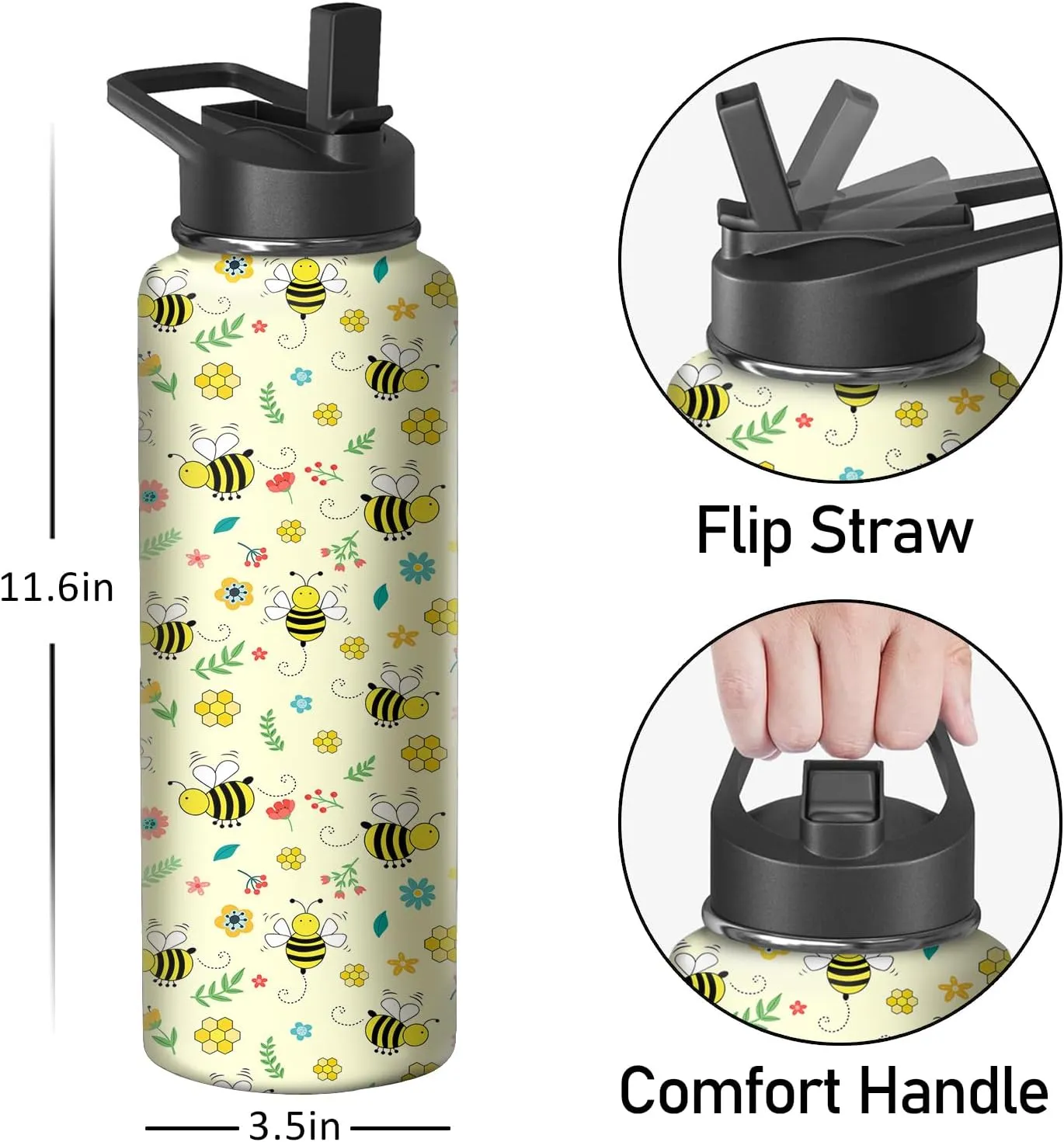 40oz Bee Water Bottle with Handle and Flip Straw, Animal Sports Stainless Steel Insulated Cup Travel Coffee Mug Tumbler, Birthday Mothers Day Chritmas Gifts for Women