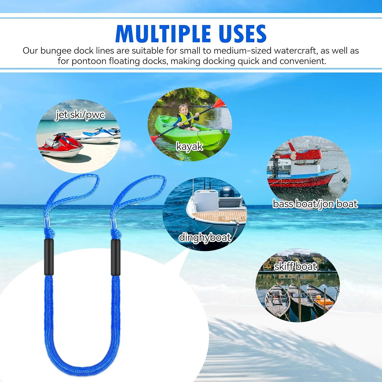 5ft Bungee Dock Line with Loops – Lightweight Elastic Mooring Rope for Quick Docking, 2-Pack (Blue)