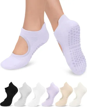 6 Pairs Grip Pilates Socks for Women, Non-slip Yoga Athletic Socks for Barre Ballet Barefoot Workout Hospital