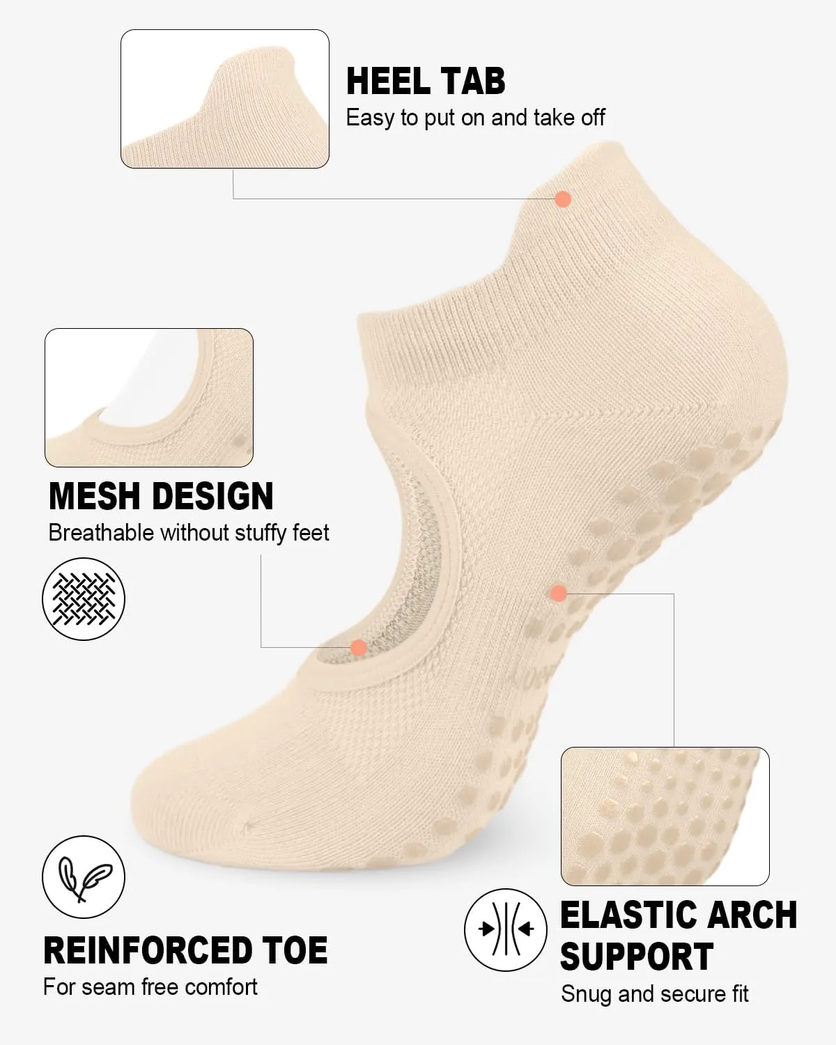 6 Pairs Grip Pilates Socks for Women, Non-slip Yoga Athletic Socks for Barre Ballet Barefoot Workout Hospital