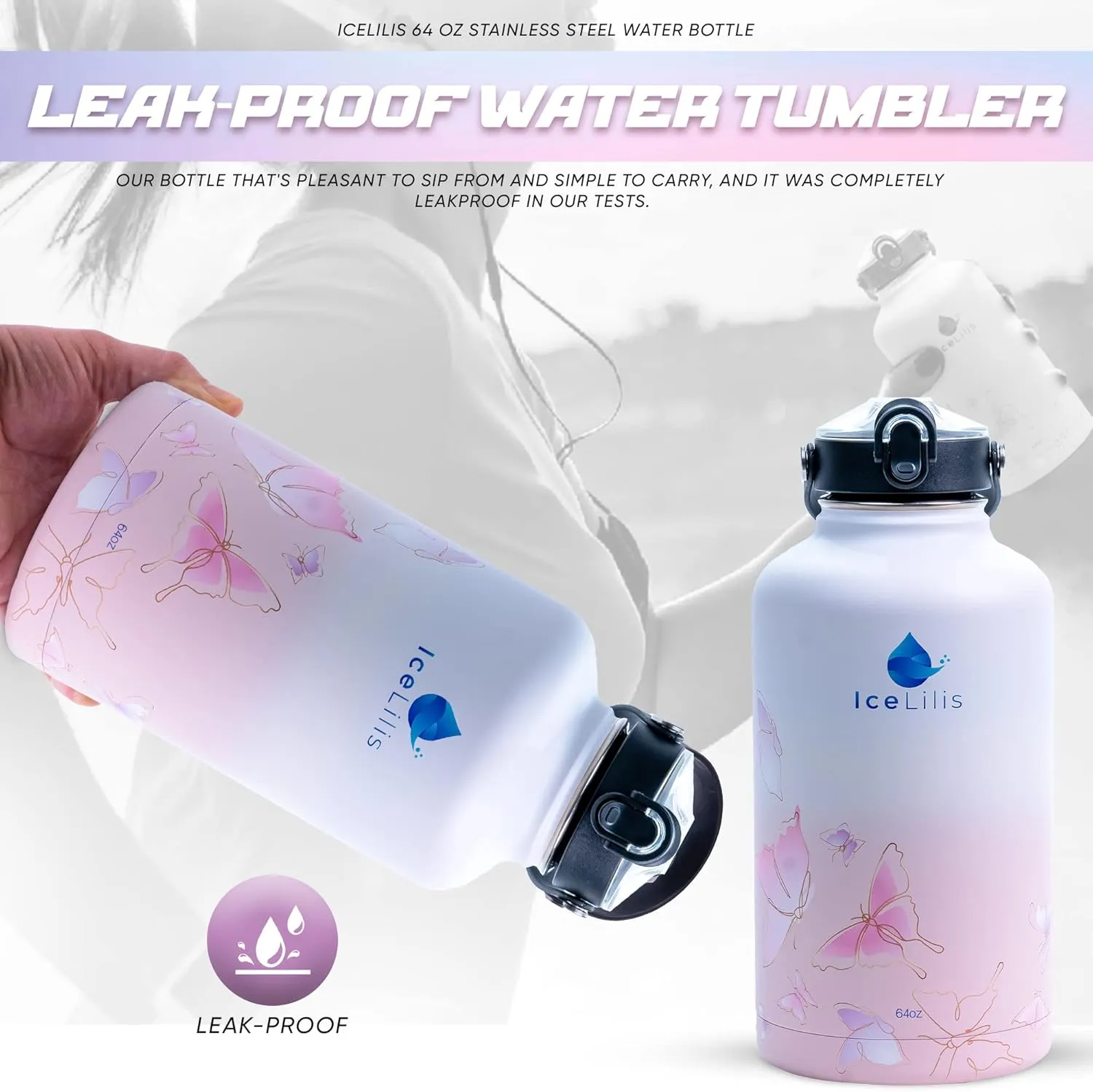 64 Oz Stainless Steel Water Bottle - Tree Lids - Ideal Gift for Sports, Travel, Workouts - Double-Wall Insulated, Leakproof, BPA-Free - With Carry Bag & Paracord (Fluttering Fuchsia)