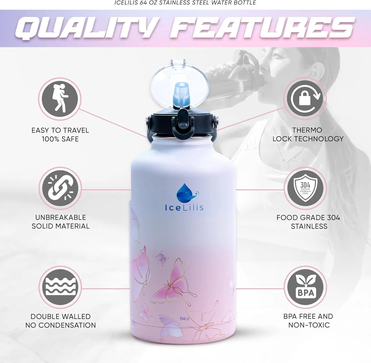 64 Oz Stainless Steel Water Bottle - Tree Lids - Ideal Gift for Sports, Travel, Workouts - Double-Wall Insulated, Leakproof, BPA-Free - With Carry Bag & Paracord (Fluttering Fuchsia)