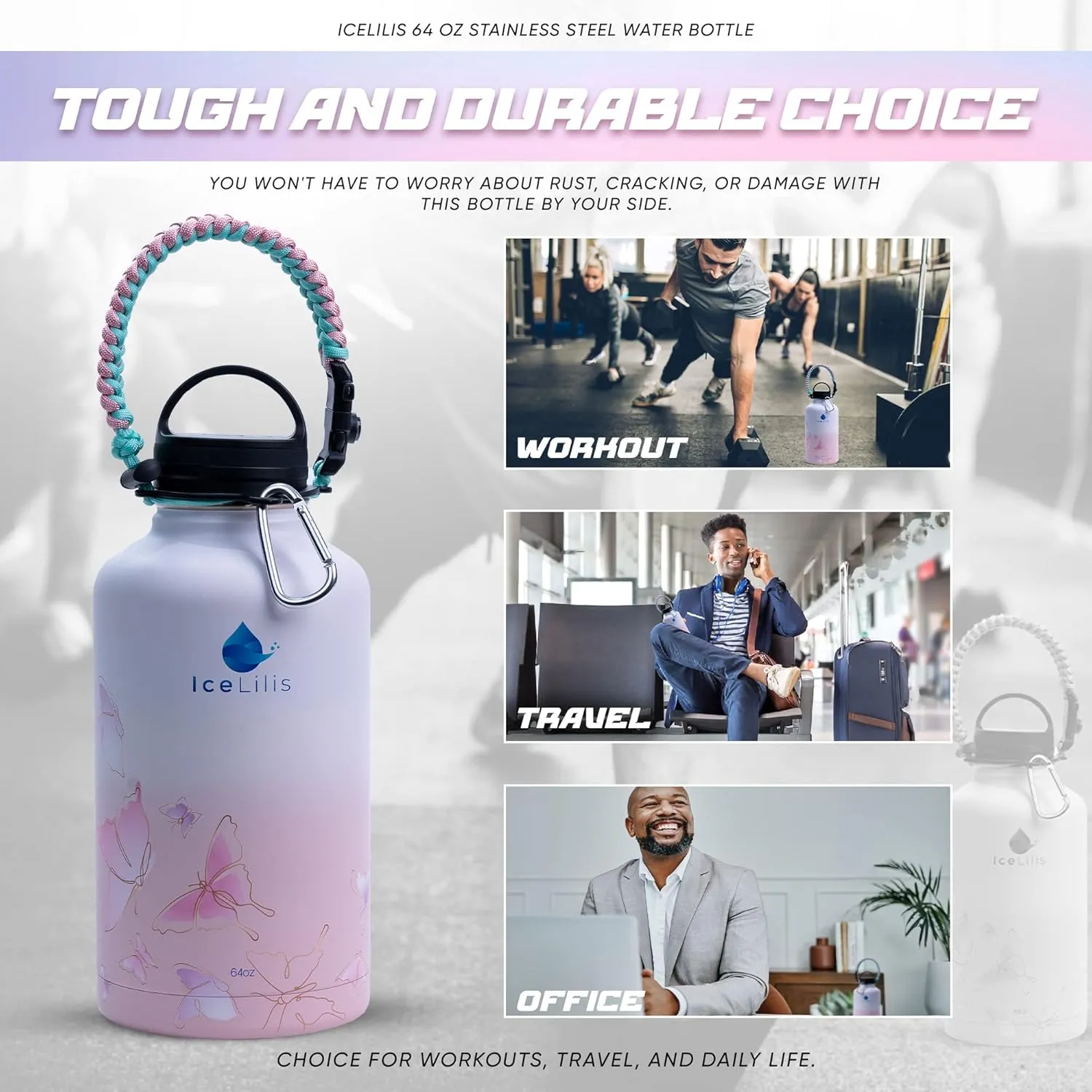 64 Oz Stainless Steel Water Bottle - Tree Lids - Ideal Gift for Sports, Travel, Workouts - Double-Wall Insulated, Leakproof, BPA-Free - With Carry Bag & Paracord (Fluttering Fuchsia)