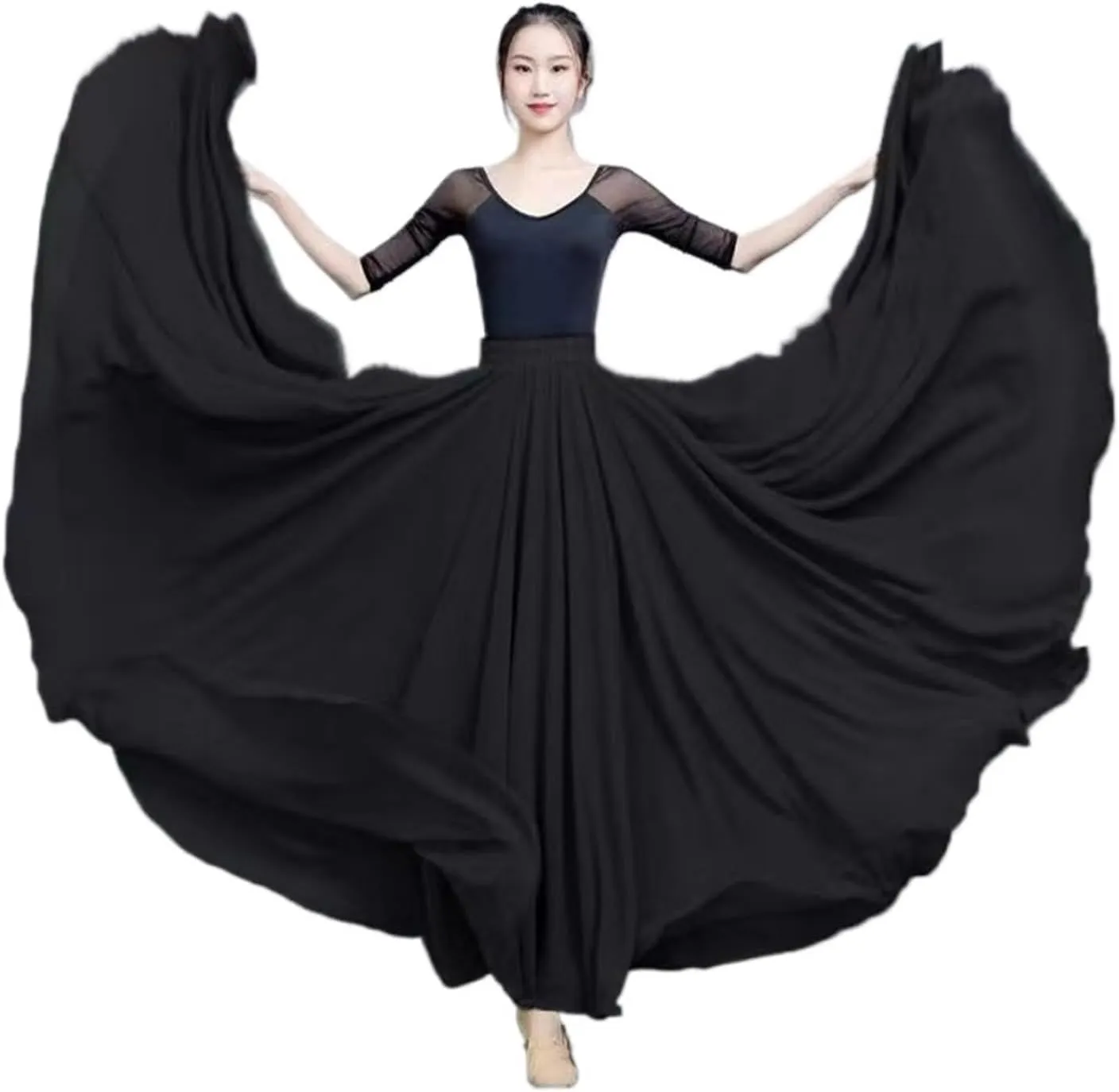 720 Degree Chiffon Skirt Ballet Belly Dance Women Double-Layer Long Skirts Dancer Practice Wear Performance(Color-C,S Length 85cm)