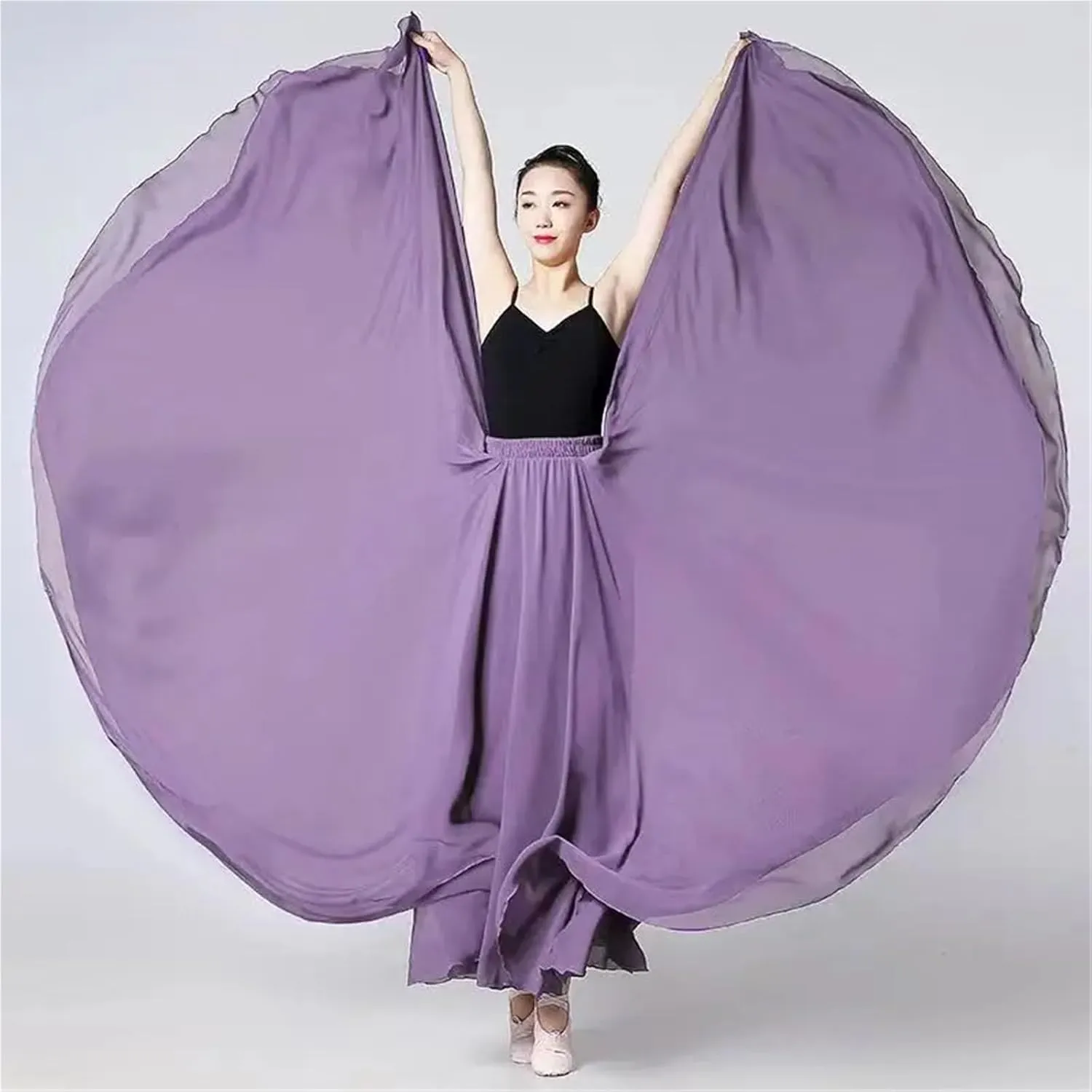 720 Degree Chiffon Skirt Ballet Belly Dance Women Double-Layer Long Skirts Dancer Practice Wear Performance(Color-C,S Length 85cm)