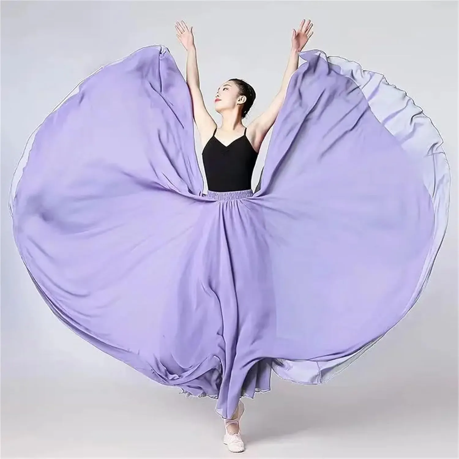 720 Degree Chiffon Skirt Ballet Belly Dance Women Double-Layer Long Skirts Dancer Practice Wear Performance(Color-C,S Length 85cm)