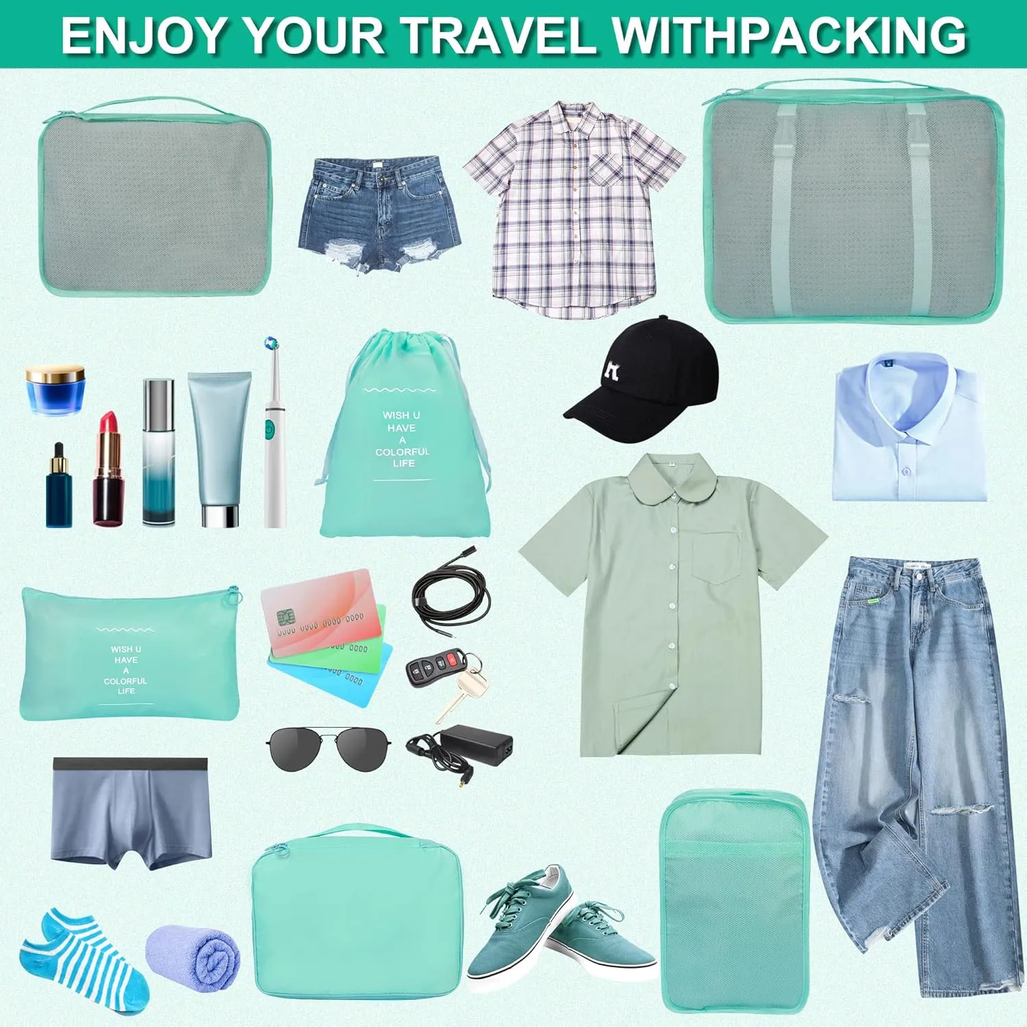 8 Set Packing Cubes for Suitcases, kingdalux Blue Travel Luggage Packing Organizers with Laundry Bag, Compression Storage Shoe Bag, Clothing Underwear Bag, for Women & Man