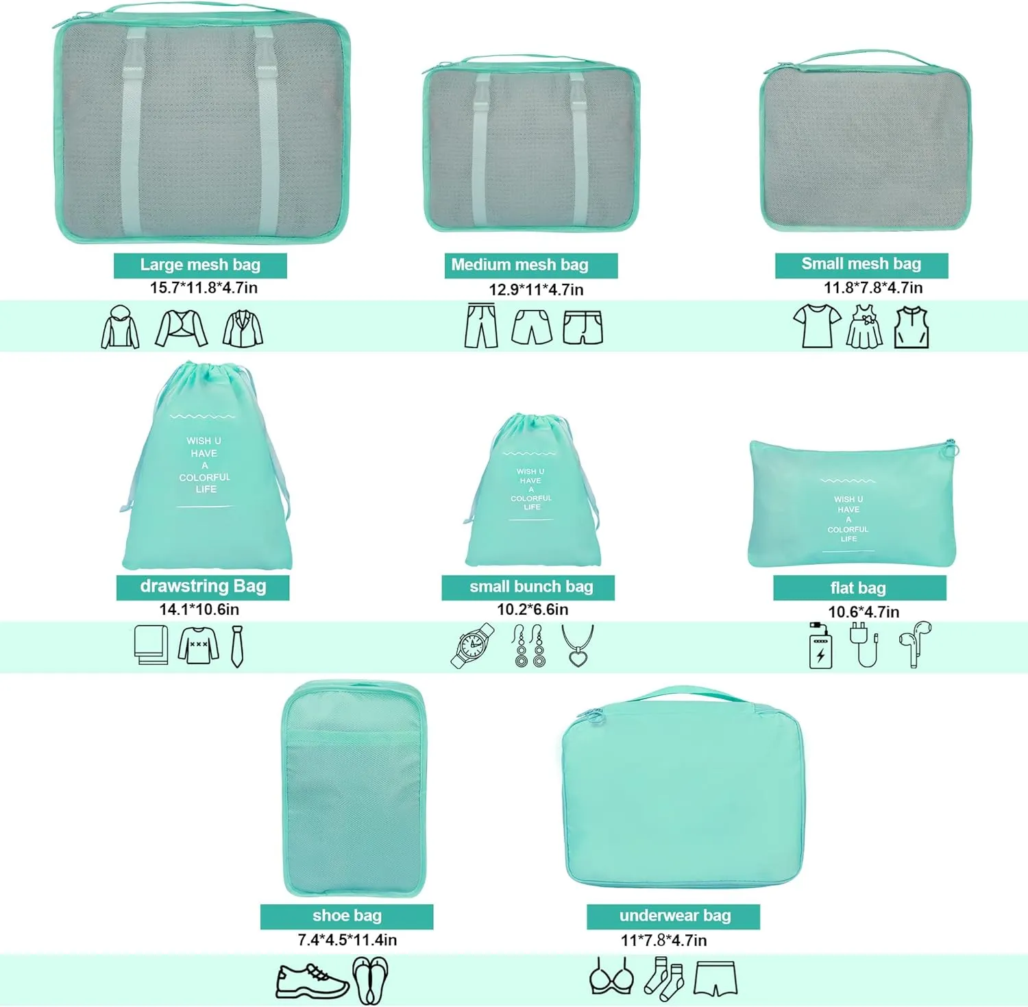 8 Set Packing Cubes for Suitcases, kingdalux Blue Travel Luggage Packing Organizers with Laundry Bag, Compression Storage Shoe Bag, Clothing Underwear Bag, for Women & Man