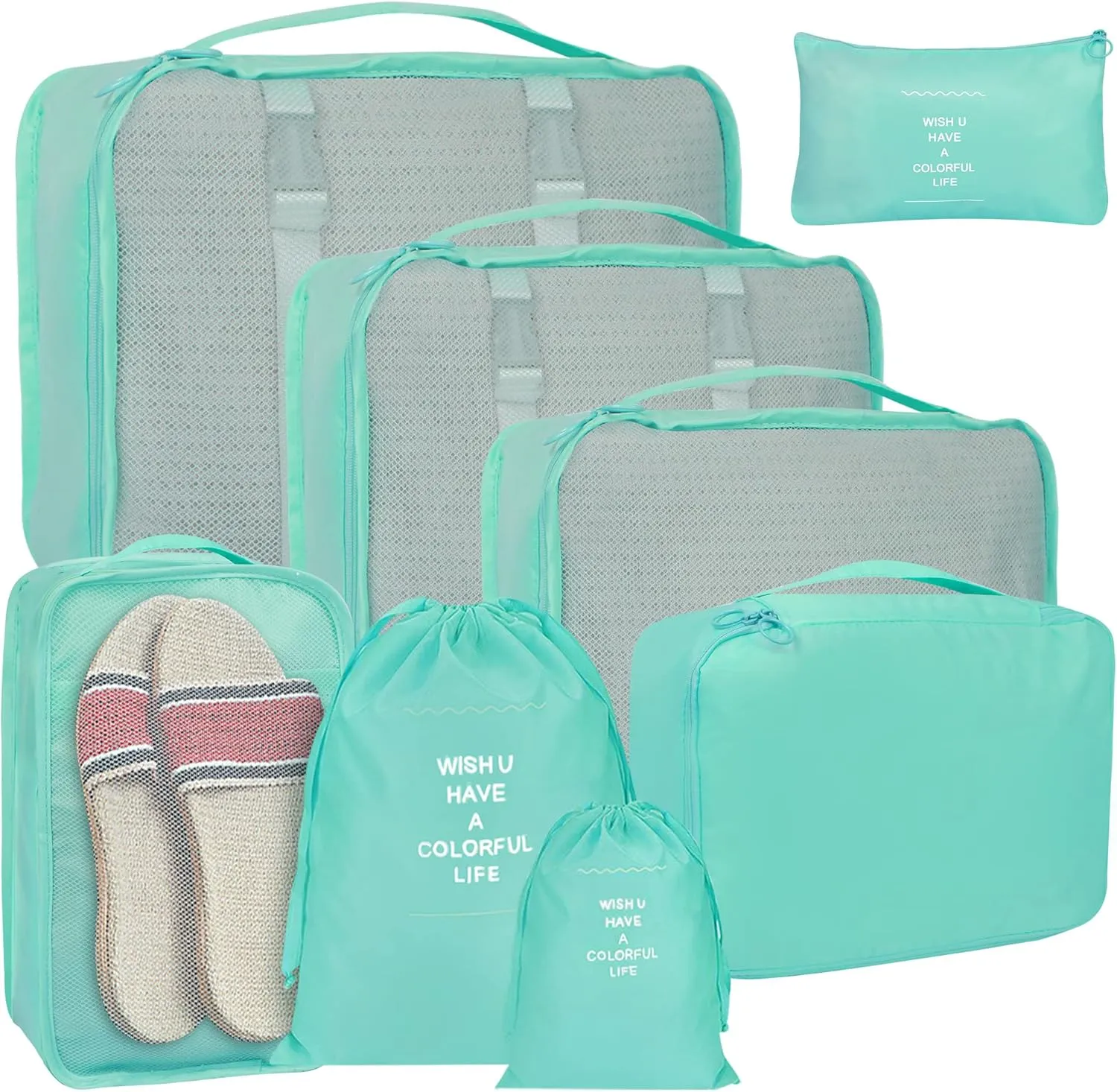 8 Set Packing Cubes for Suitcases, kingdalux Blue Travel Luggage Packing Organizers with Laundry Bag, Compression Storage Shoe Bag, Clothing Underwear Bag, for Women & Man