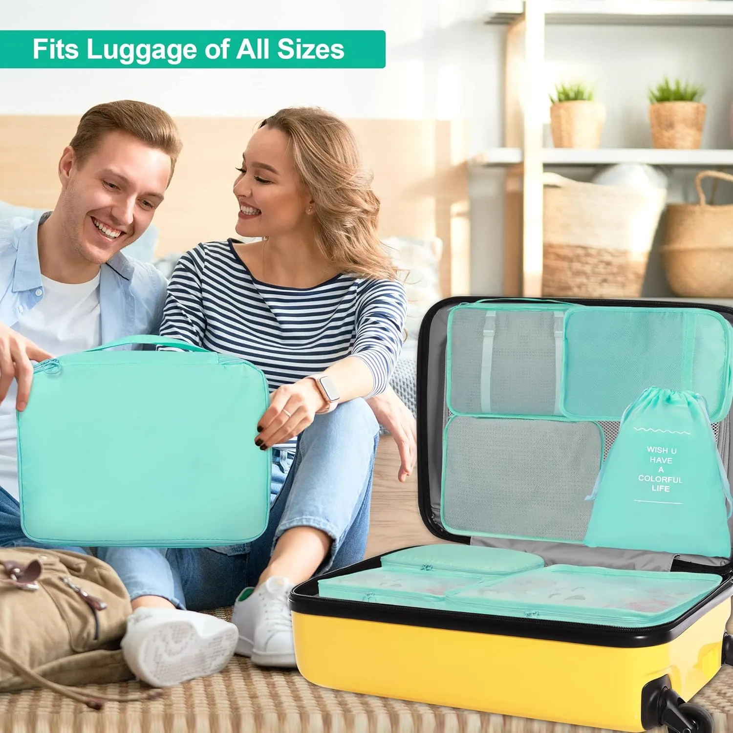 8 Set Packing Cubes for Suitcases, kingdalux Blue Travel Luggage Packing Organizers with Laundry Bag, Compression Storage Shoe Bag, Clothing Underwear Bag, for Women & Man