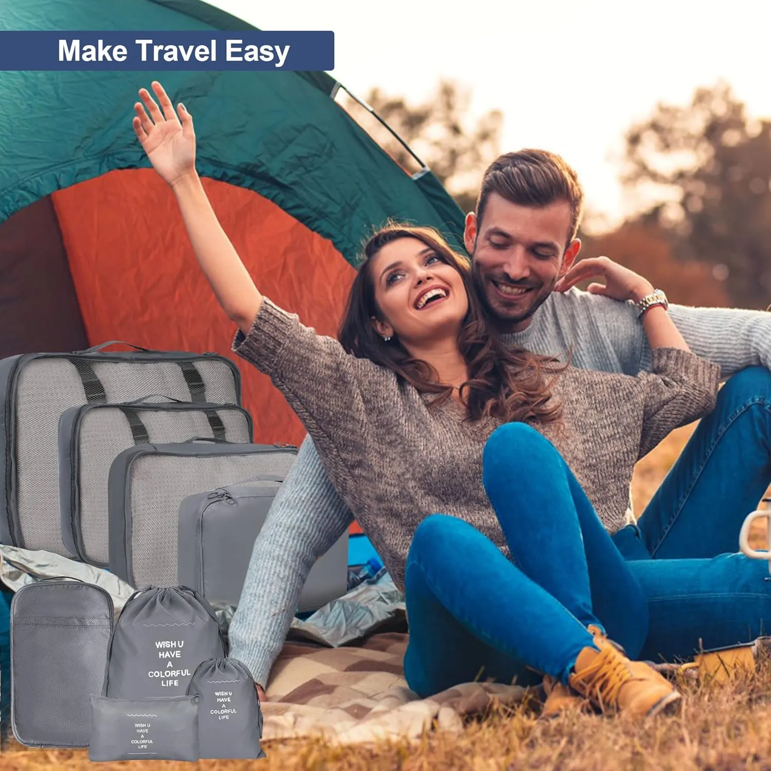 8 Set Packing Cubes for Suitcases, kingdalux Grey Travel Luggage Packing Organizers with Laundry Bag, Compression Storage Shoe Bag, Clothing Underwear Bag, for Women & Man