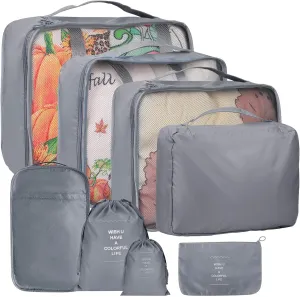 8 Set Packing Cubes for Suitcases, kingdalux Grey Travel Luggage Packing Organizers with Laundry Bag, Compression Storage Shoe Bag, Clothing Underwear Bag, for Women & Man